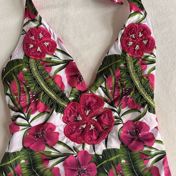 Boston Proper Embellished Tropical Printed Halter One Piece Swim suit Size M - Picture 5 of 12